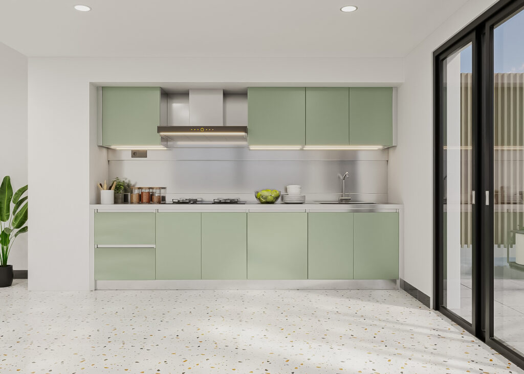 Ukuran dapur untuk apartemen studio 1.6 meter dengan kabinet linear dan sink compact